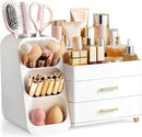 Large White Makeup Organizer with Brush Holder, Drawers and 10 Compartments