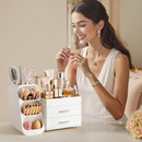 Large White Makeup Organizer with Brush Holder, Drawers and 10 Compartments