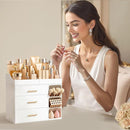 White Makeup Organizer with Brush Holder, 3 Drawers and 10 Storage Compartments