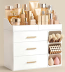 White Makeup Organizer with Brush Holder, 3 Drawers and 10 Storage Compartments